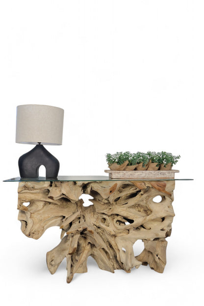 GALAXY TEAK ROOT CONSOLE WITH GLASS