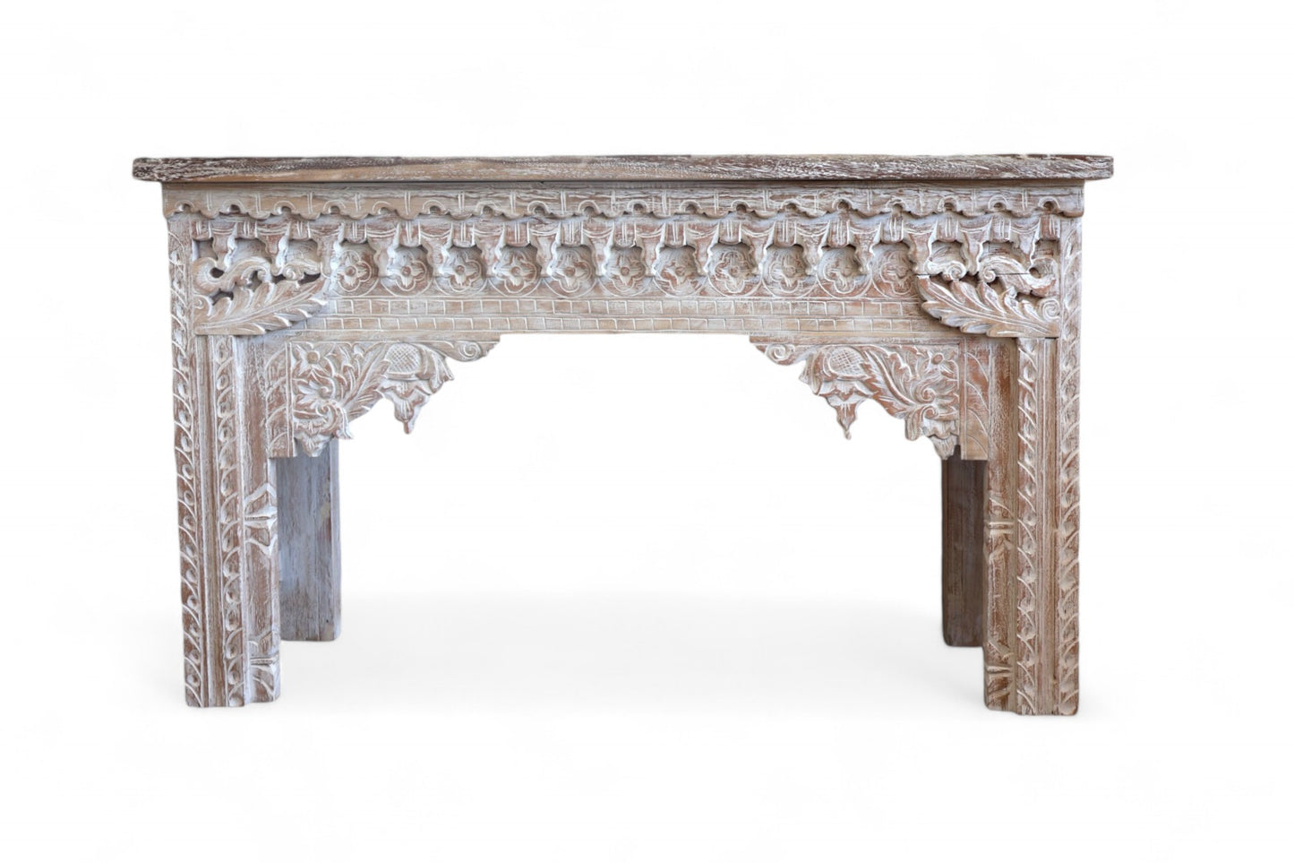 Devi Carved wood Console Table - white wash