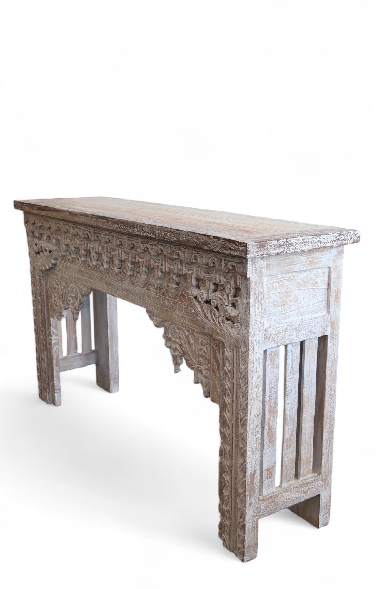 Devi Carved wood Console Table - white wash