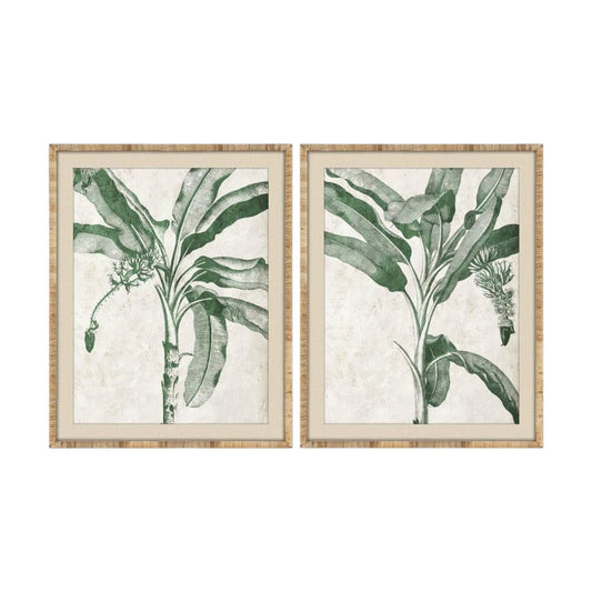 Palm Leaves Print Glass Rattan Frame - Set of 2